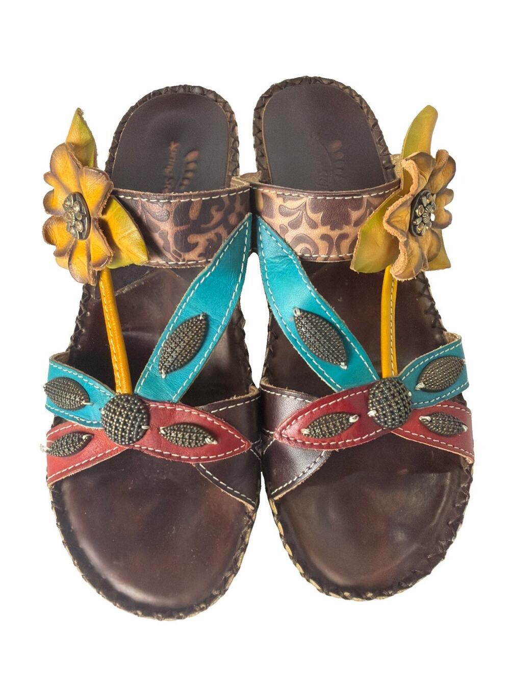 Spring Step Charlotte Sandals Womens EU 38 Multicolor Leather Floral Slide Wedge